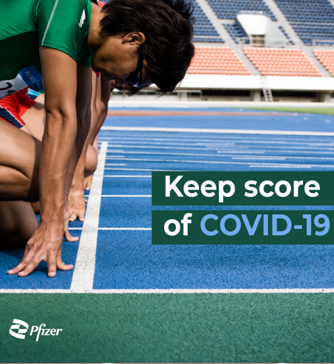 [3:16 PM] Mariya Skachkova (External) A group of runners is in the starting position on a blue track at a stadium. One of the runners is wearing a green outfit. The text "Keep score of COVID-19" is displayed on the right side of the image. The Pfizer logo is positioned at the bottom left corner.